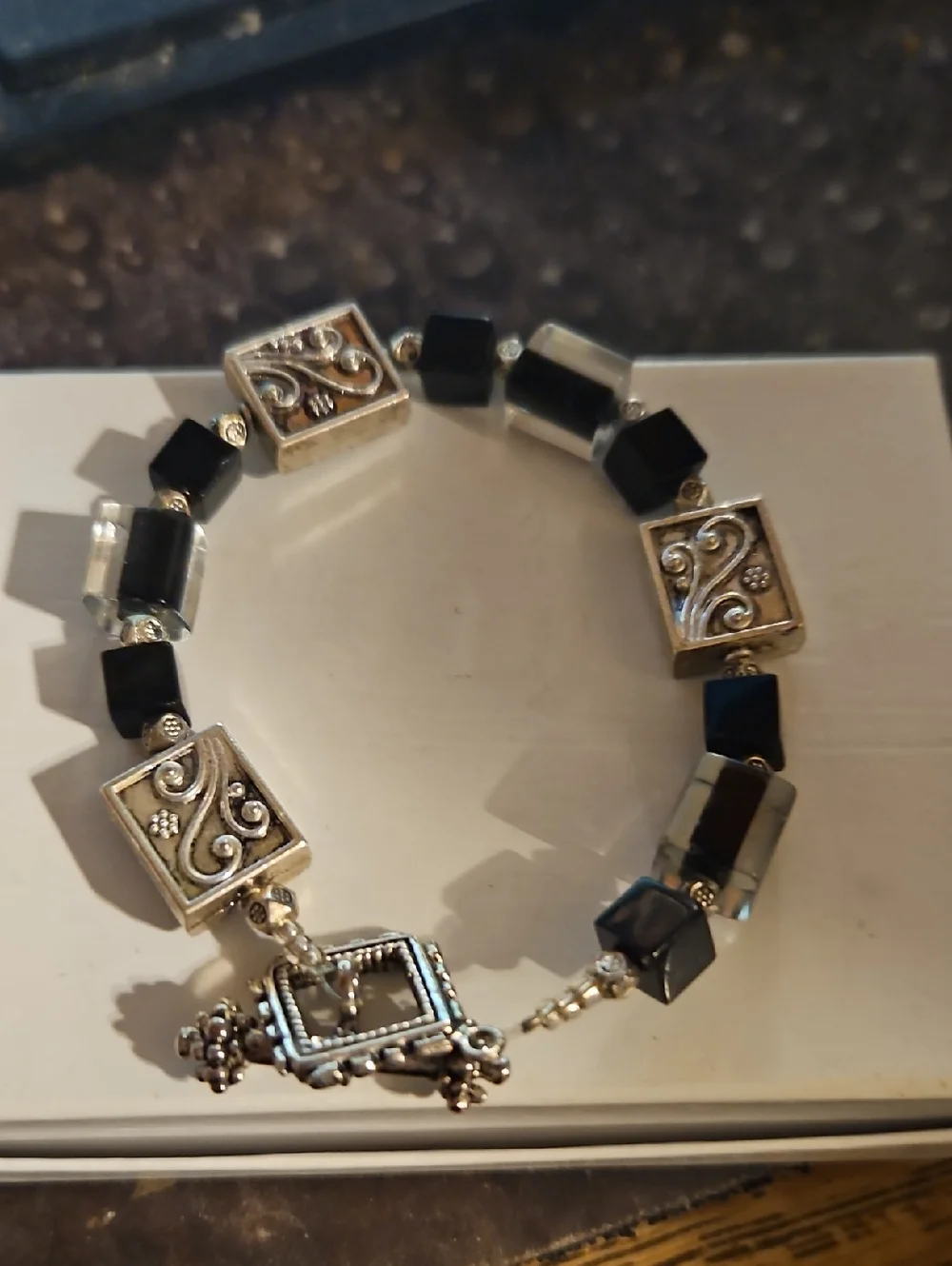 Silvertone Glass Black Beaded Toggle Clasp Bracelet
